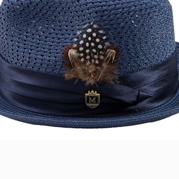 MONTIQUE MEN'S NAVY COLOR PINCH BRAIDED FEDORA WITH MATCHING SATIN RIBBON. H34 - Picture 2 of 2